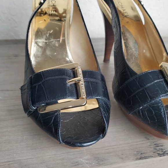 Michael Kors Heels Womens Size 8.5 Black Leather Croc Print Slingback Stacked - Picture 4 of 10
